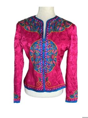 Adrianna Papell 100% silk blazer pink blue design sz 10